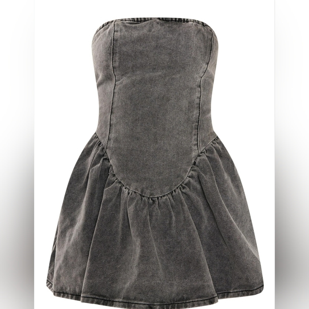 PrettyLittleThing Chic Gray Flared Denim Corsett Ring Mini Dress Size 6
